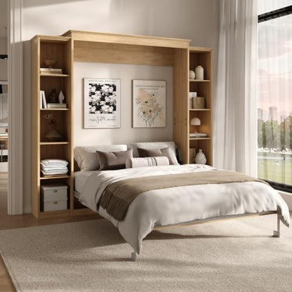 Rophefx Queen Murphy Bed Cabinet, 5-Tier Shelves, Wall Bed, Natural Wood