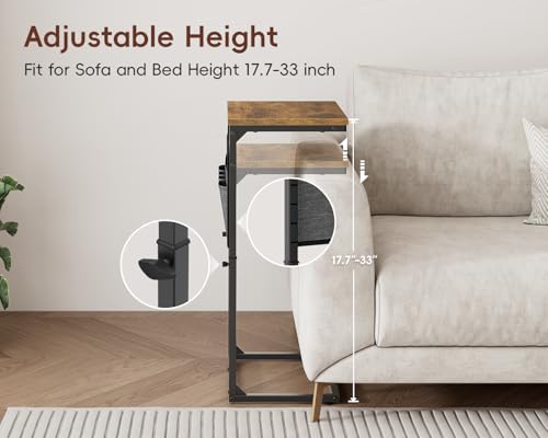 Vagusicc C-Shaped End Table with Charging Station, Small Side Table for Couch, 33" Tall C Table Adjustable Height Side Table, Couch Tables that Slide Under, Sofa Table TV Tray for Living Room, Brown