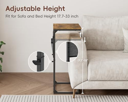 Vagusicc C-Shaped End Table with Charging Station, Small Side Table for Couch, 33" Tall C Table Adjustable Height Side Table, Couch Tables that Slide Under, Sofa Table TV Tray for Living Room, Brown