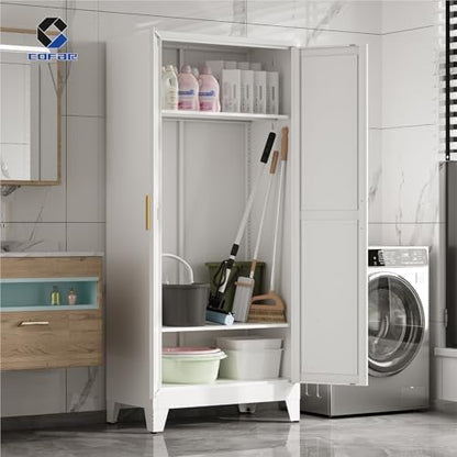 COFaR 71'' Metal Wardrobe Closet, Bedroom Armoire Cabinet with Adjustable Hanging Rod and Shelves, 2 Doors Farmhouse Closet Storage for Garage Laundry, White Roperos para Guardar Ropa
