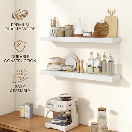 FLYJOE 48 Inch Floating Shelves, 6.5 Inch Deep White Shelves Set of 2