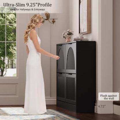 Fluted Shoe Storage Cabinet for Entryway, 4 Flip Drawers, Black