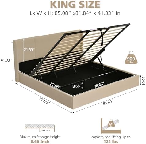VELOCAVA King Lift Up Storage Bed Frame, Linen-Look Upholstered Bed with Modern Wingback Headboard, Hydraulic Lift Storage, Wood Slat Support, No Box Spring Needed, Beige