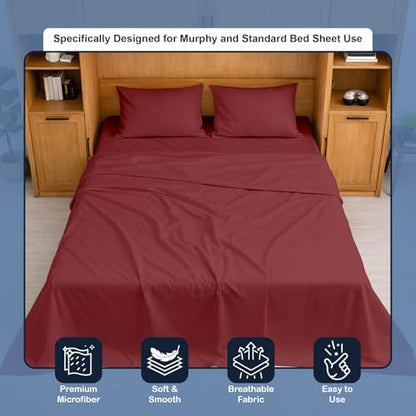 Cottington Lane Burgundy Sheets for Murphy Bed Mattress, 4 Piece Premium Ultra Soft Brushed Microfiber California King Size Wall Bed Sheet Set, 6-10 Inch Deep Pocket with All-Around Elastic