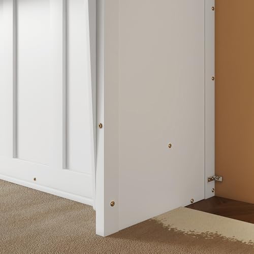MERITLINE Queen Murphy Bed with Desk, Solid Wood Vertical Murphy Wall Bed Cabinet with Storage Shelves Space-Saving Hidden Bedframe (White,Queen)