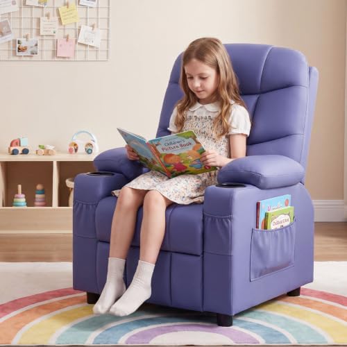 Costzon Kids Recliner Chair with Cup Holder, Adjustable PU Leather Lounge Chair Ages 3-12 w/Side Pockets for Children Boys Girls Room Reading Gaming Relaxing, Toddler Sofa, Kids Recliner (Purple)