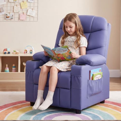 Costzon Kids Recliner Chair with Cup Holder, Adjustable PU Leather Lounge Chair Ages 3-12 w/Side Pockets for Children Boys Girls Room Reading Gaming Relaxing, Toddler Sofa, Kids Recliner (Purple)