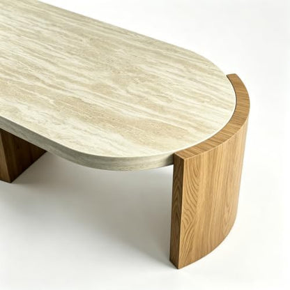 48.42" Oval Faux Travertine Coffee Table Walnut Marble
