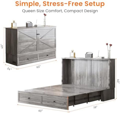 ijuicy Queen Murphy Bed Cabinet with Drawer & Charging Station,Grey