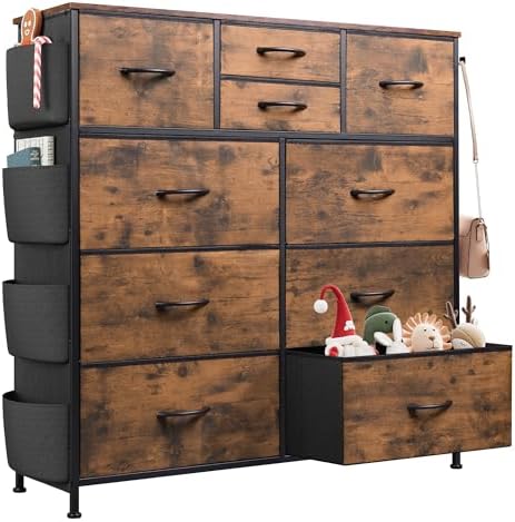 WLIVE 10 Drawer Fabric Dresser for Bedroom, Side Pocket Chest, Rustic Brown