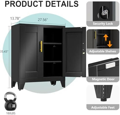 pozdeg Metal Storage Cabinet with 2 Doors, 35.8" H Steel Metal Locker Storage Cabinet with 2 Adjustable Shelves, Versatile Storage Buffet Sideboards for Home Office Garage or Gym (Black)