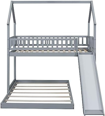 SOFTSEA Twin Over Full Bunk Bed with Slide and Built-in Ladder, Gray