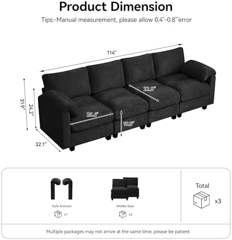 Modular Sectional Sofa, 114'' Corduroy Deep Seat 4-Seater Couch, Black