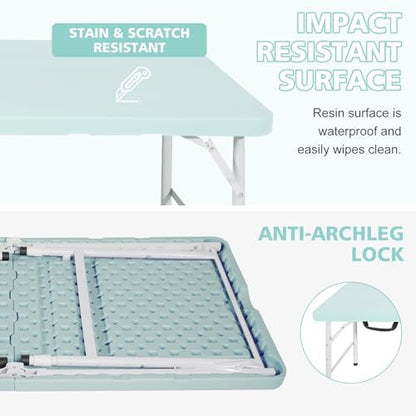 Portable 4Ft Folding Table, Heavy Duty Plastic Fold-in-Half Utility Foldable Table, Adjustable Height Plastic Folding Table with Carrying Handle for Camping &Party Indoor/Outdoor (Light Blue)