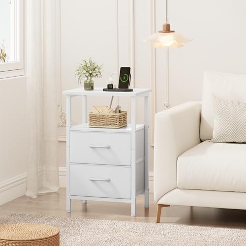 Vagusicc Nightstand with Charging Station, End Table with Fabric Drawers, Side Tables with Storage Shelf, 24.2" Tall Bedside Table with USB Ports & Outlets, Night Stand for Bedroom, White