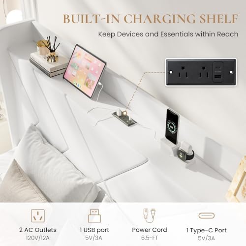SHA CERLIN King Size Bed Frame, Velvet Upholstered Platform Bed Frame with Wingback Storage Headboard & Charging Station, Geometric Tufted Design, No Box Spring Needed, Easy Assembly, White
