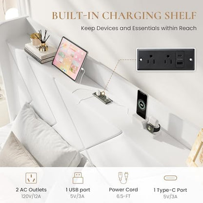 SHA CERLIN King Size Bed Frame, Velvet Upholstered Platform Bed Frame with Wingback Storage Headboard & Charging Station, Geometric Tufted Design, No Box Spring Needed, Easy Assembly, White
