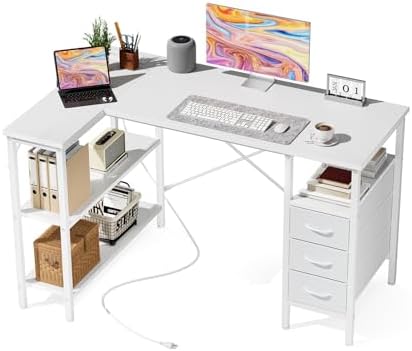 DUMOS L Shaped Desk with Drawers, Gaming Desk with Storage, 47 Inch