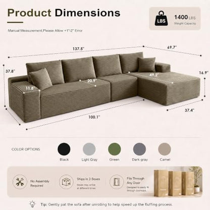 96" Boneless Sectional Couches, Cloud Sofas for Living Room