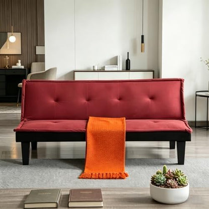 Convertible Futon Sofa Bed, Small Futon Couch with 5-Position Adjustable Backrest, Modern Sofa Bed for Small Spaces, Living Room, Bedroom, Apartment, Dark Red