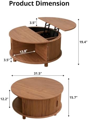 Round Lift Top Coffee Table with Storage for Living Room, Walnut