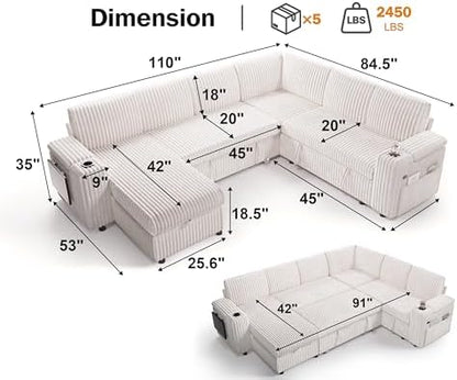 Vipbear 111" Modular Sectional Sleeper Sofa with Pull Out Bed, 7 Seat Plush Corduroy L Shaped Couch with Storage Chaise|USB Ports|Cup Holders|Side Table|Storage Armrests, Tool Free Assembly, Beige