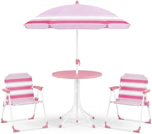 Olakids Kids Picnic Table, Outdoor Toddler Patio Furniture Set with 2 Folding Chairs Adjustable Foldable Umbrella for Garden Backyard Beach (Pink)