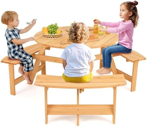 HONEY JOY 6 Person Kids Picnic Table, Fir Wood Round Toddler Picnic Table with 3 Built-in Benches & Umbrella Hole, Picnic Tables for Outdoors, Children Backyard Furniture for Patio Garden, Natural