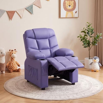 Costzon Kids Recliner Chair with Cup Holder, Adjustable PU Leather Lounge Chair Ages 3-12 w/Side Pockets for Children Boys Girls Room Reading Gaming Relaxing, Toddler Sofa, Kids Recliner (Purple)