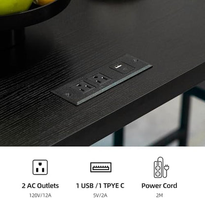 Finnhomy 3-Piece Dining Table Set, Small Kitchen Table with 2 Chairs, LED Light and USB Type-C Power Outlet, Space-Saving Design for Dining Room, Living Room, Apartment, Rustic Black