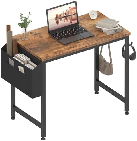 Lufeiya Small Desk for Small Spaces, 32 Inch Kids Girls Study Writing Desks for Bedroom, Simple Modern Laptop PC Little Side Table with Storage Bag Headphone Hooks, Rustic Brown