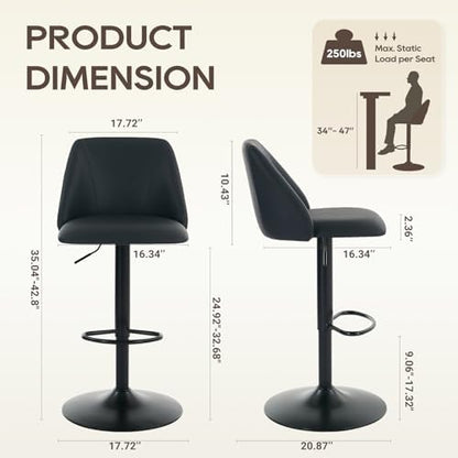 COLAMY Bar Stools Set of 1, Modern Swivel Bar Chairs, Adjustable PU Leather Upholstered Barstools Counter Height with Square Open Back for Bar, Kitchen Island, Dining Room, Black