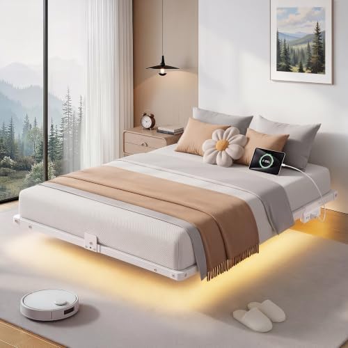 Floating Bed Frame Full Size, Smart LED Lights & Charging Station, 9.45" High Clearance, Mattress Slide Stopper, Noise-Free, No Box Spring Needed, Easy Assembly