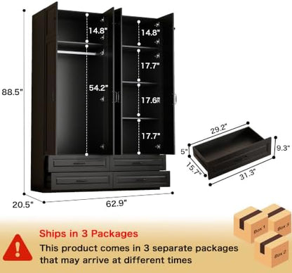 Black Armoire Wardrobe Closet with 4 Drawers: 89" H x 63" W