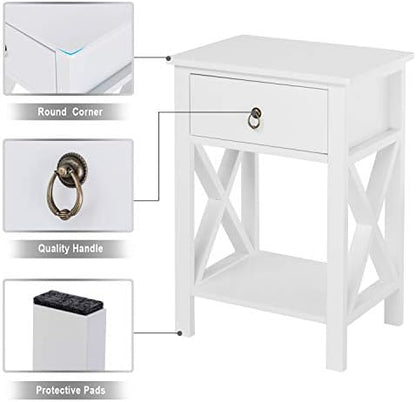 Bonnlo White Nightstand Set of 2, Night Stand Set of 2 with Drawer, Farmhouse Nightstand, End Table/Bed Side/White Side Table for Small Spaces, Kids Room, Bedroom