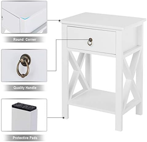 Bonnlo White Nightstand, Small Nightstand with Drawer & Shelf, Farmhouse Night Stand Bedroom, End Table/Bedside Table/White Side Table w/Rustic Handle for Small Spaces, Dorm, Kids Room, Living Room
