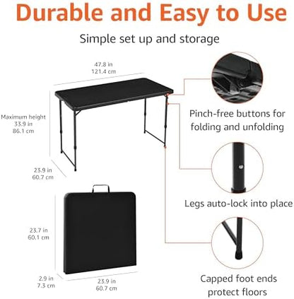 Amazon Basics Portable 4 Ft Rectangular Folding Dining Table, 4 Adjustable Height Settings, Space Saving Fold-in-Half Design and Carrying Handle, Indoor & Outdoor, Washed Black, 47.8 x 23.9 x 33.9 in