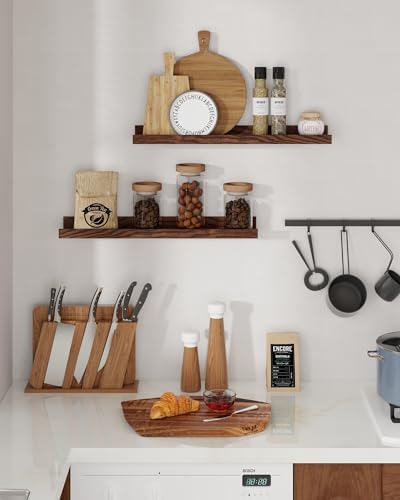 Oak Picture Ledge Shelf, 36 Inch Floating Shelves Set of 2, Solid Oak Wood Wall Shelves with Lip, Wall Decor Storage for Bedroom Living Room Bathroom Kitchen Nursery Photo Picture, Walnut