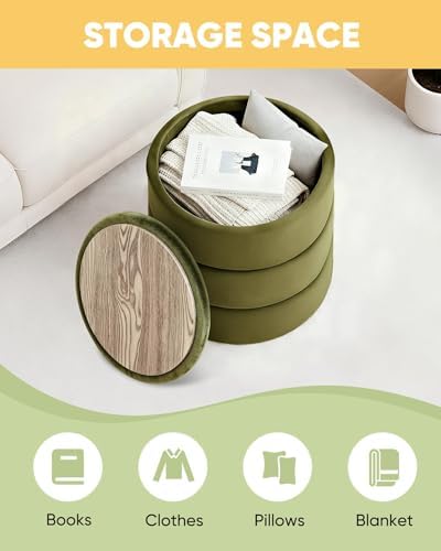 B FSOBEIIALEO 15.4" Round Velvet Storage Ottoman with Tray, Olive
