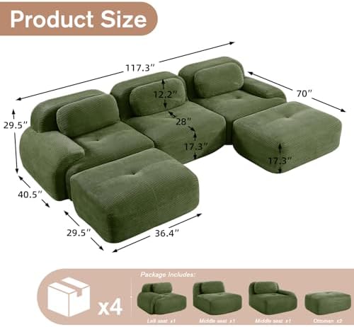 117" Corduroy Modern Sectional Couch, Boneless Couch, Compact sofa, Green