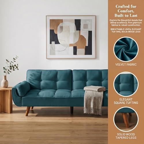 Convertible Futon Sofa Bed, Modern Style Loveseat Futon Couch with Adjustable Armrests and Backrest, Comfy Futon Couth for Living Room, Bedroom and Small Spaces, Green