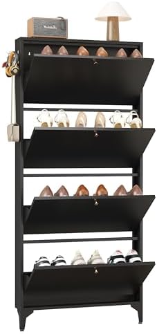 Slim Shoe Cabinet with 4 Flip Drawers,Narrow Shoe Storage Cabinet,Freestanding Organizer,Metal Hidden Shoe Storage for Entryway,Hallway,Living Room (4 Door Width 700, Black)