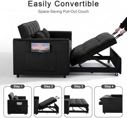 53" Sofa Bed, Velvet 3-in-1 Pull Out Couch & Loveseat Sleeper Sofa, Compact Convertible Folding Couch with Adjustable Backrest for Small Spaces, Black