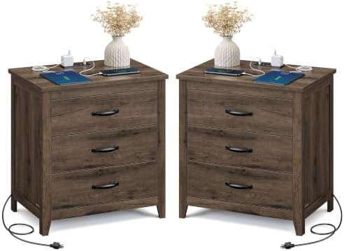 VASAGLE Farmhouse Nightstand with Charging Station, Set of 2, 3 Drawers