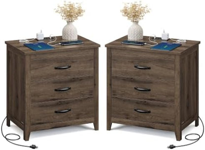 VASAGLE Farmhouse Nightstand with Charging Station, Set of 2, 3 Drawers