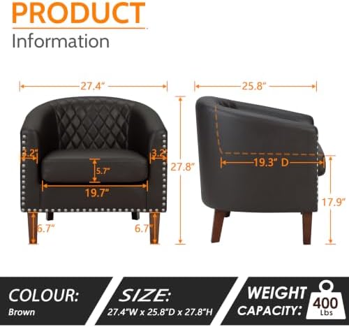 PrimeZone Barrel Chair Set of 2, Comfy Accent Chair, Faux Leather Living Room Chairs Club Chair with Cushion, Nailhead Trim and Diamond Grid Backrest, Reading Chair for Bedroom Waiting Room, Brown