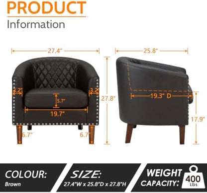 PrimeZone Barrel Chair Set of 2, Comfy Accent Chair, Faux Leather Living Room Chairs Club Chair with Cushion, Nailhead Trim and Diamond Grid Backrest, Reading Chair for Bedroom Waiting Room, Brown