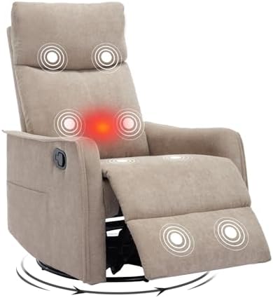 Trustyue Swivel Rocker Recliner Chair, 360° Swivel Recliner with Heat and Massage, Rocker Recliner Nursery Glider Chair with Side Pockets for Living Room (Khaki, Fabric)