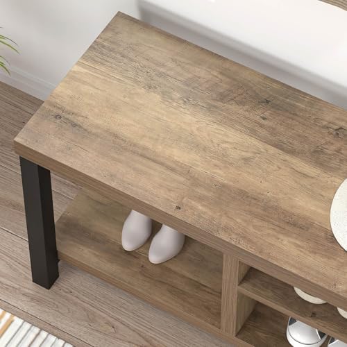 Shoe Bench for Entryway, Wood and Metal Indoor Bench with Shoe Storage and Seating for Bedroom, Hallway, Living Room, Rustic Oak, 43.3 Inch