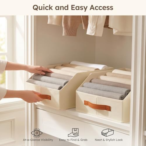 Fabric Storage Bins for Organizing - 10 Pack Large Trapezoid Collapsible Storage Bins with Front Handle, Closet Organizers and Storage for Bedroom, Home Shelves, Small Spaces, Beige